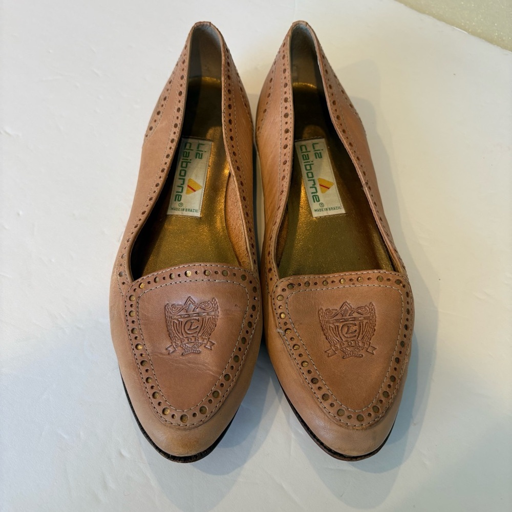 Vintage Liz Claiborne Tan Leather Loafers with Embossed Detail Neutral Preppy